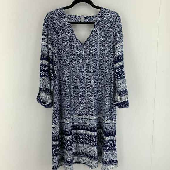 New Directions Womens Large Midi Dress Blue White Cottage Boho Beach Stretch - Picture 7 of 8